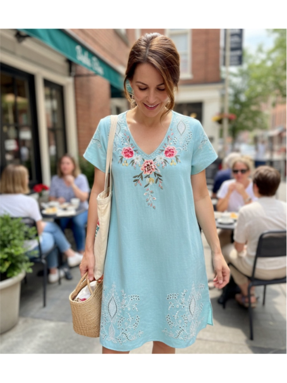 Johnny Was Linen Scallop Dress S Light Blue Floral Embroidered V-Neck Boho Mini